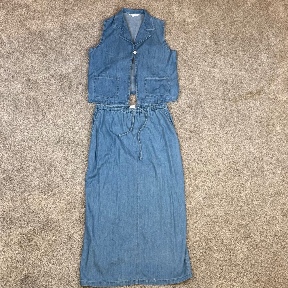 Vintage FL Malik Womens Blue Denim 2 Piece Set Vest and Maxi Skirt Size L 12